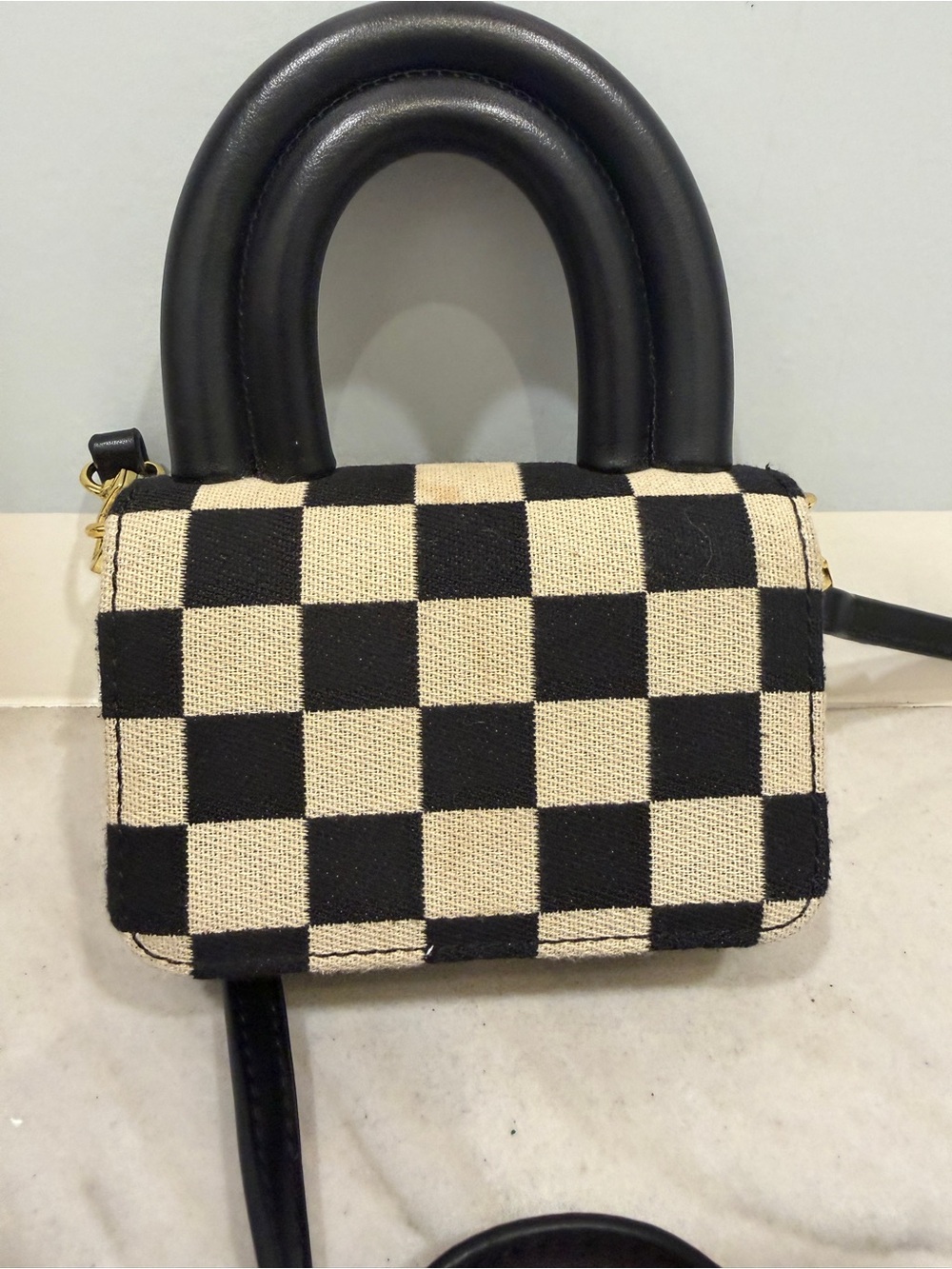 Black & Cream Checkered Mini Top-Handle Bag with Crossbody Strap